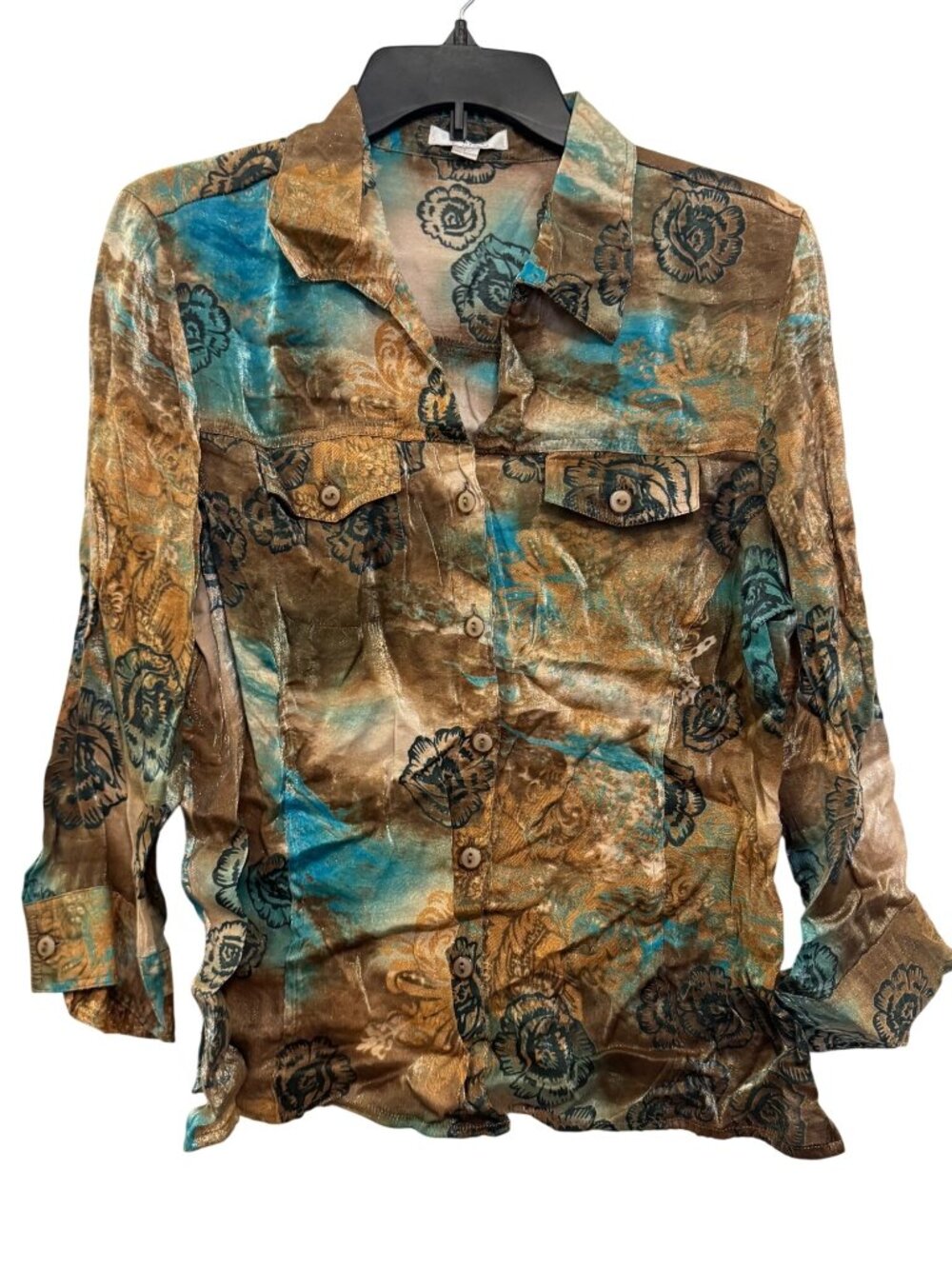 Erin By Erin London Womens Button-Up Shirt L Metallic Floral Print Rayon Blend